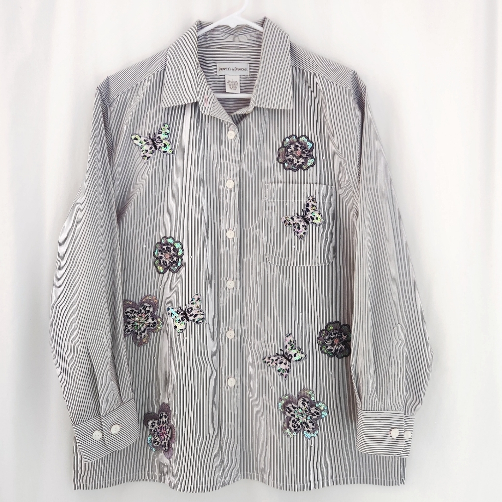 VTG Floral Sequin Oversize 3D Button Down Blouse Striped NWOT Size L/XL 25"ptp